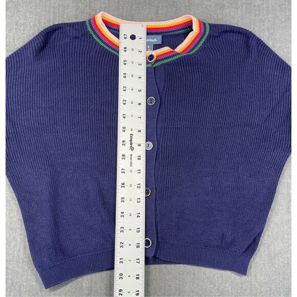 ModCloth Cardigan Womens S Navy Rainbow Trim Button Front Cropped Sweater Casual - Picture 6 of 8